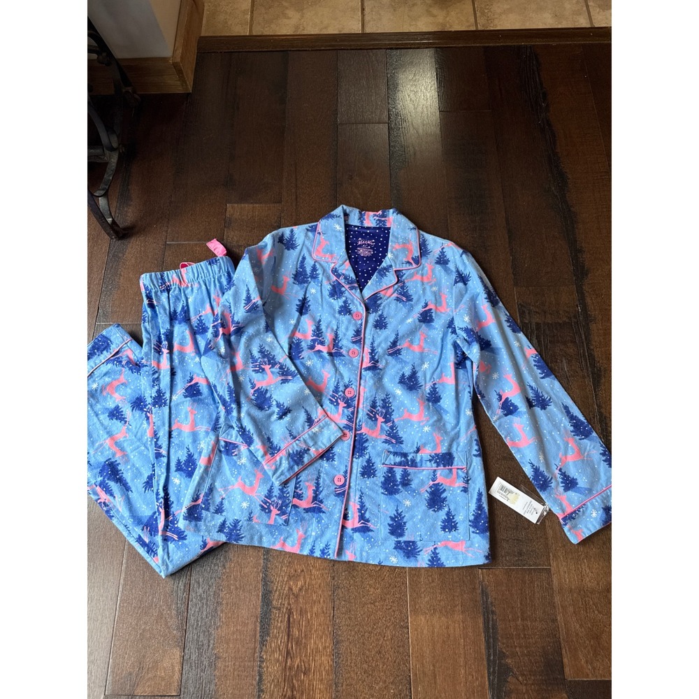 Nick & Nora Pajama Set Medium Blue Pink Reindeer Flannel NWT Winter Holiday rare